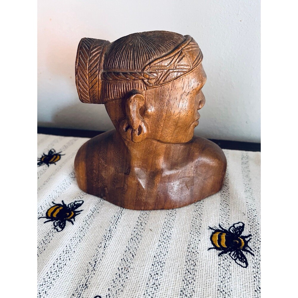 Indigenous Hand Carved Native Wood Bust Statue